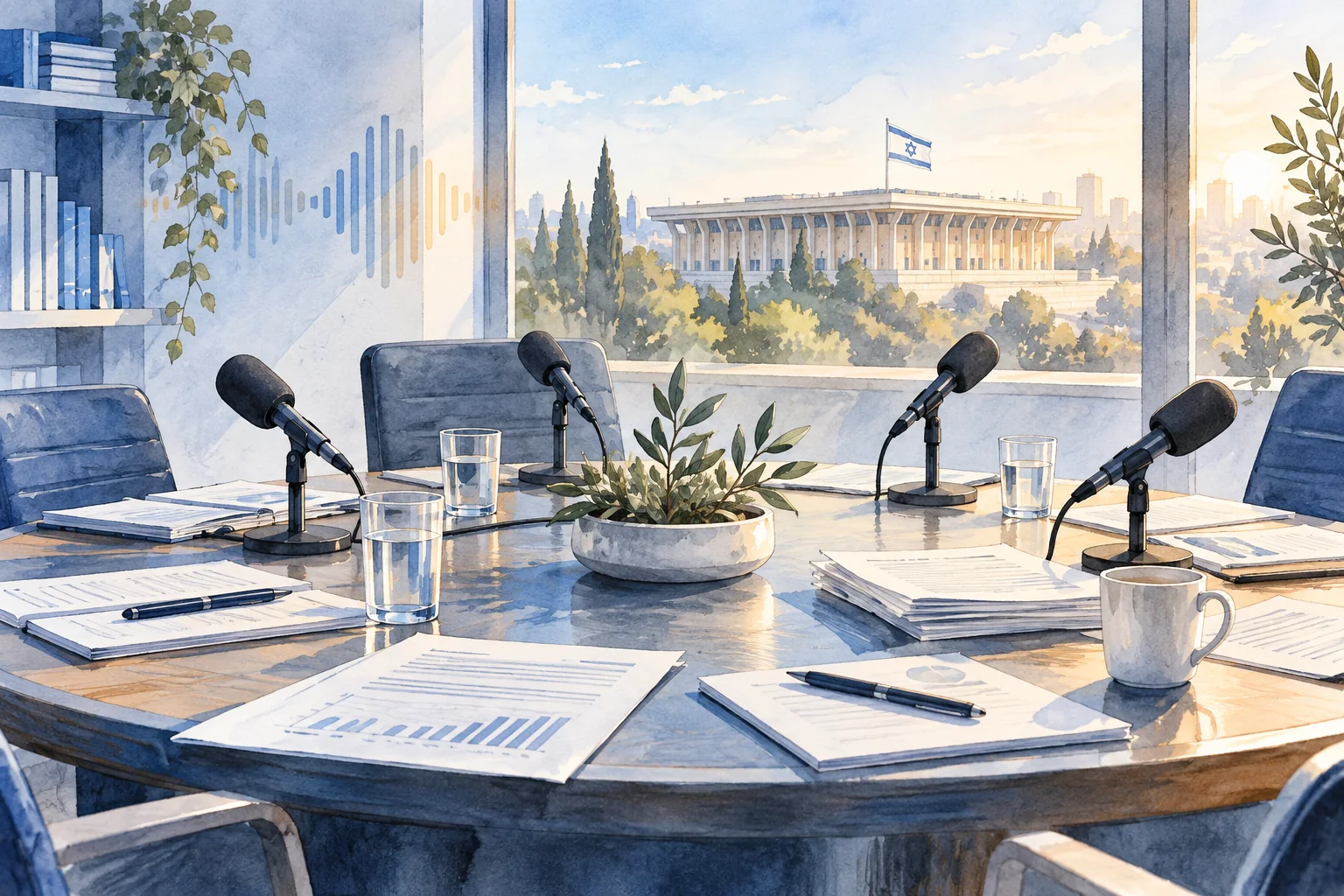 שולחן דיונים ציבורי עם מיקרופונים ומסמכים, ומשכן הכנסת ברקע